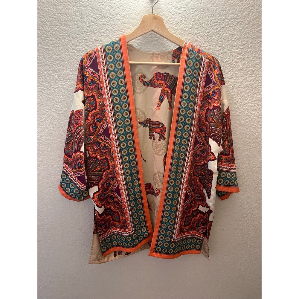 Boho Elephant Print Kimono Cardigan Open Front Paisley Festival Cover Up Large - Picture 2 of 7